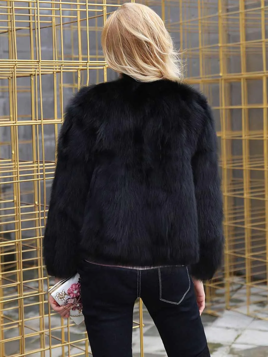 Black Fur Coat Fashion Winter Warm Full-sleeve Faux Rabbit Fur Jacket