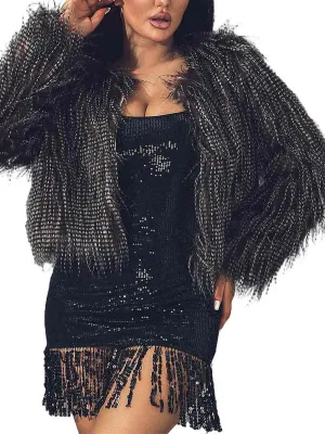 Brown Faux Peacock Fur Coat Women Warm Winter Shaggy Textured Jacket
