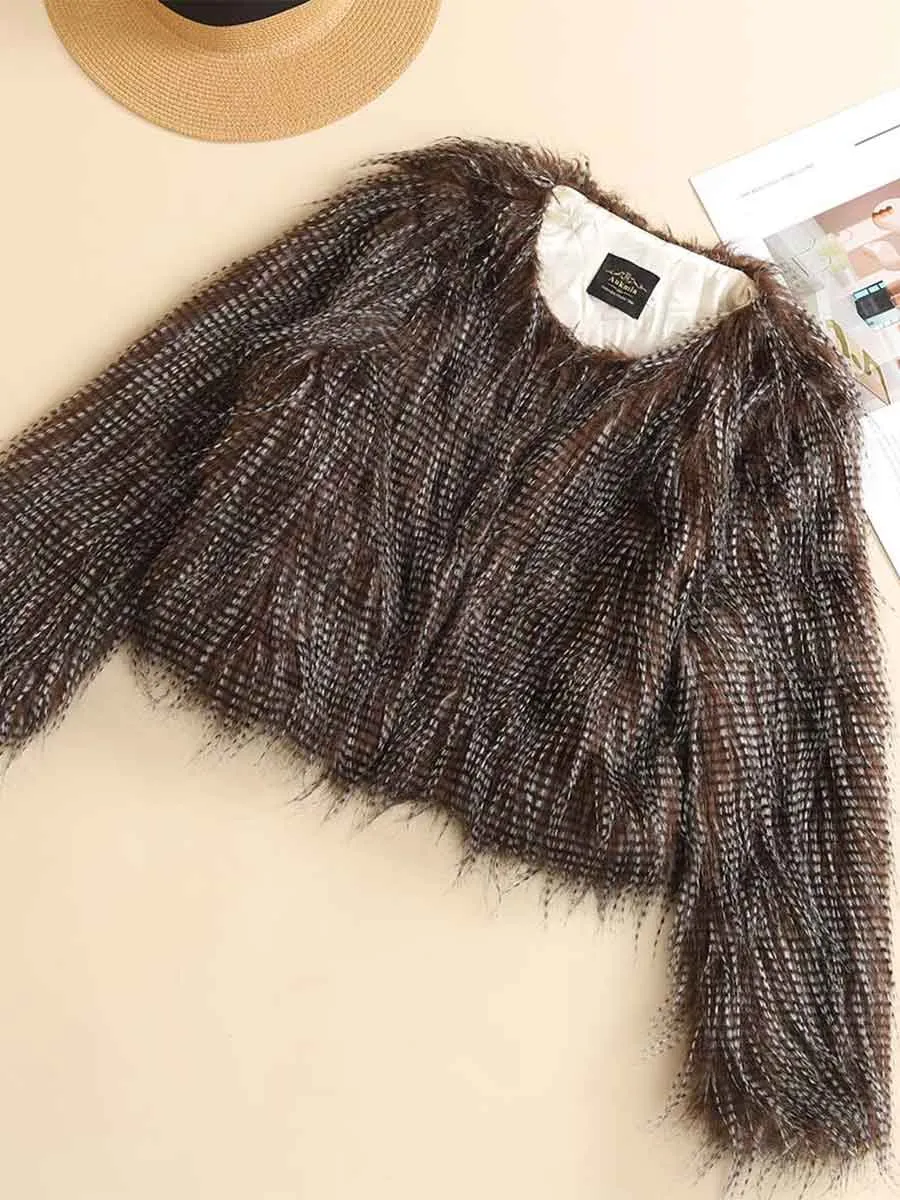 Brown Faux Peacock Fur Coat Women Warm Winter Shaggy Textured Jacket