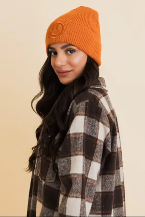 Cozy Happy Face Embroidered Hat Ribbed Knit Beanie