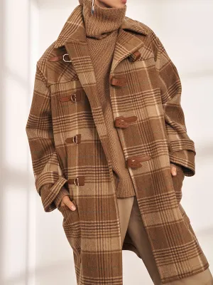 Fashion Coffee Plaid Long Casual Ladies Coat