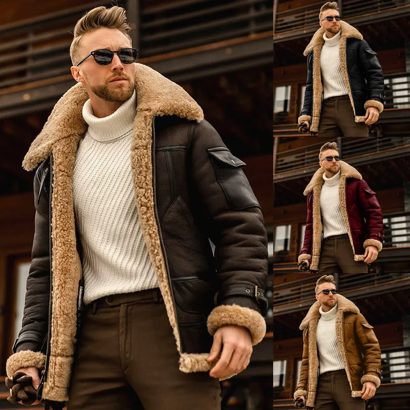 Fashion Jackets Mens Cashmere Leather Jacket Solid Colour Motorcycle Jackets Vintage Streetwear Coats Winter Thicken Outerwear