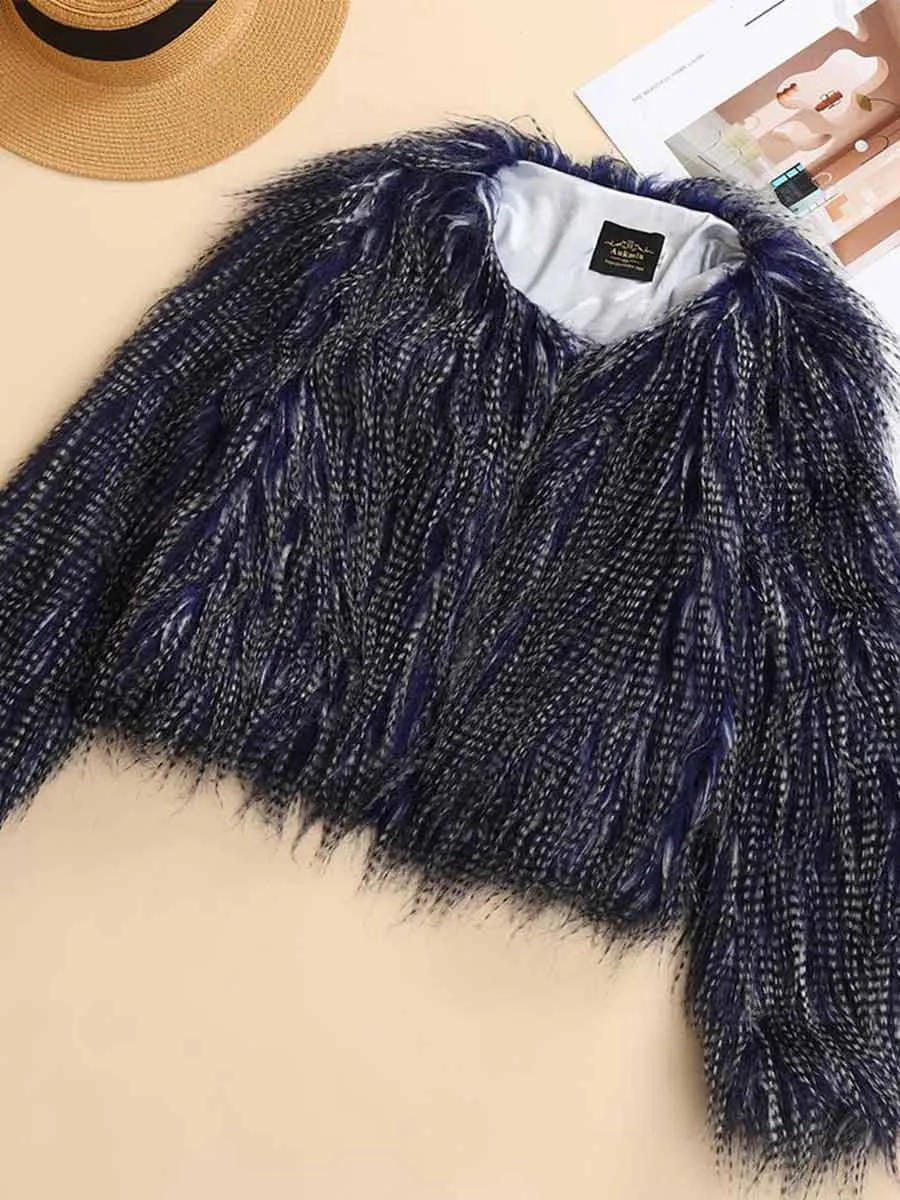 Faux Peacock Fur Coat Blue Fluffy Winter Warm Full Sleeve Jacket