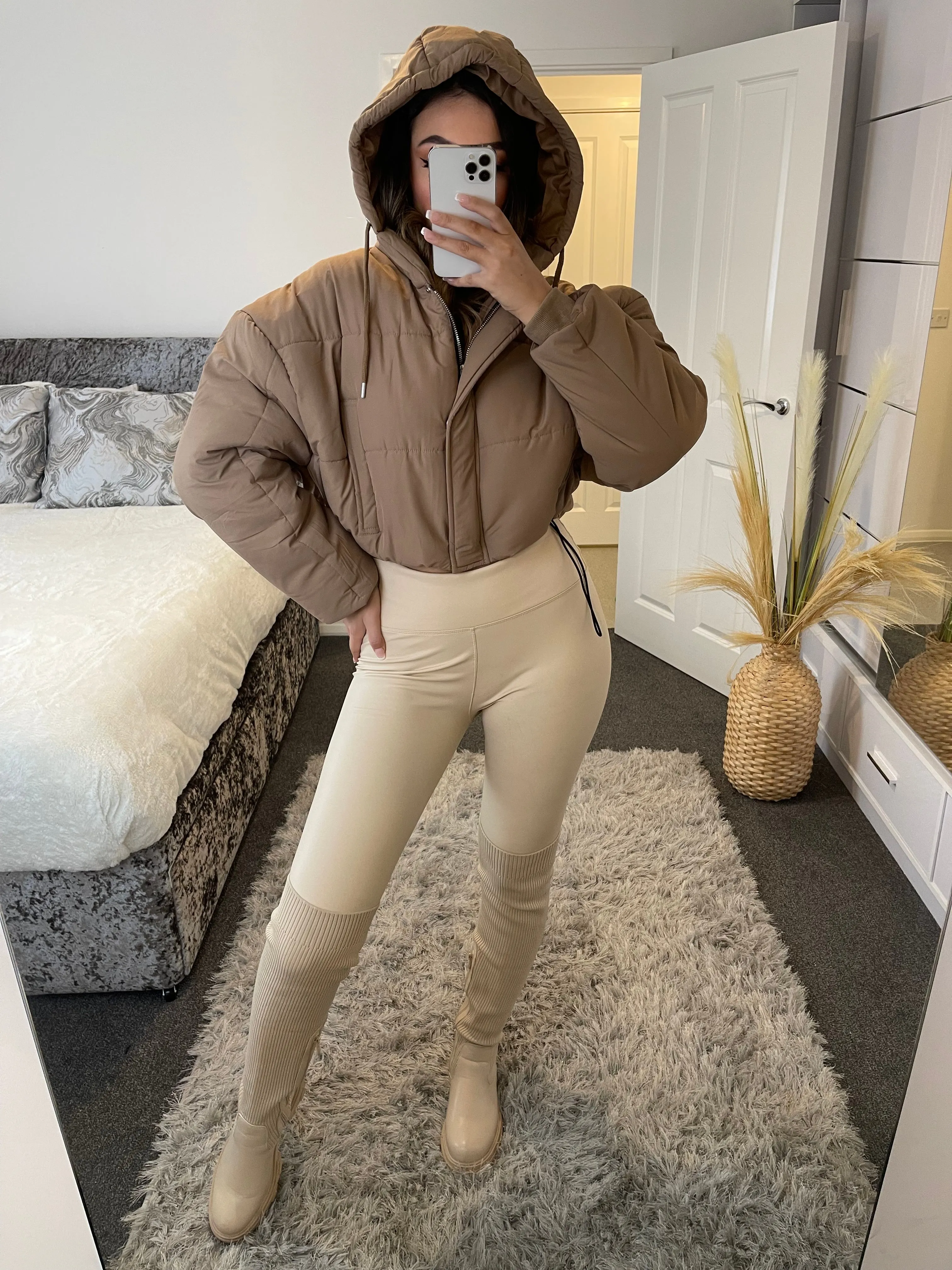 Frea Camel Cropped Hooded Puffer Jacket