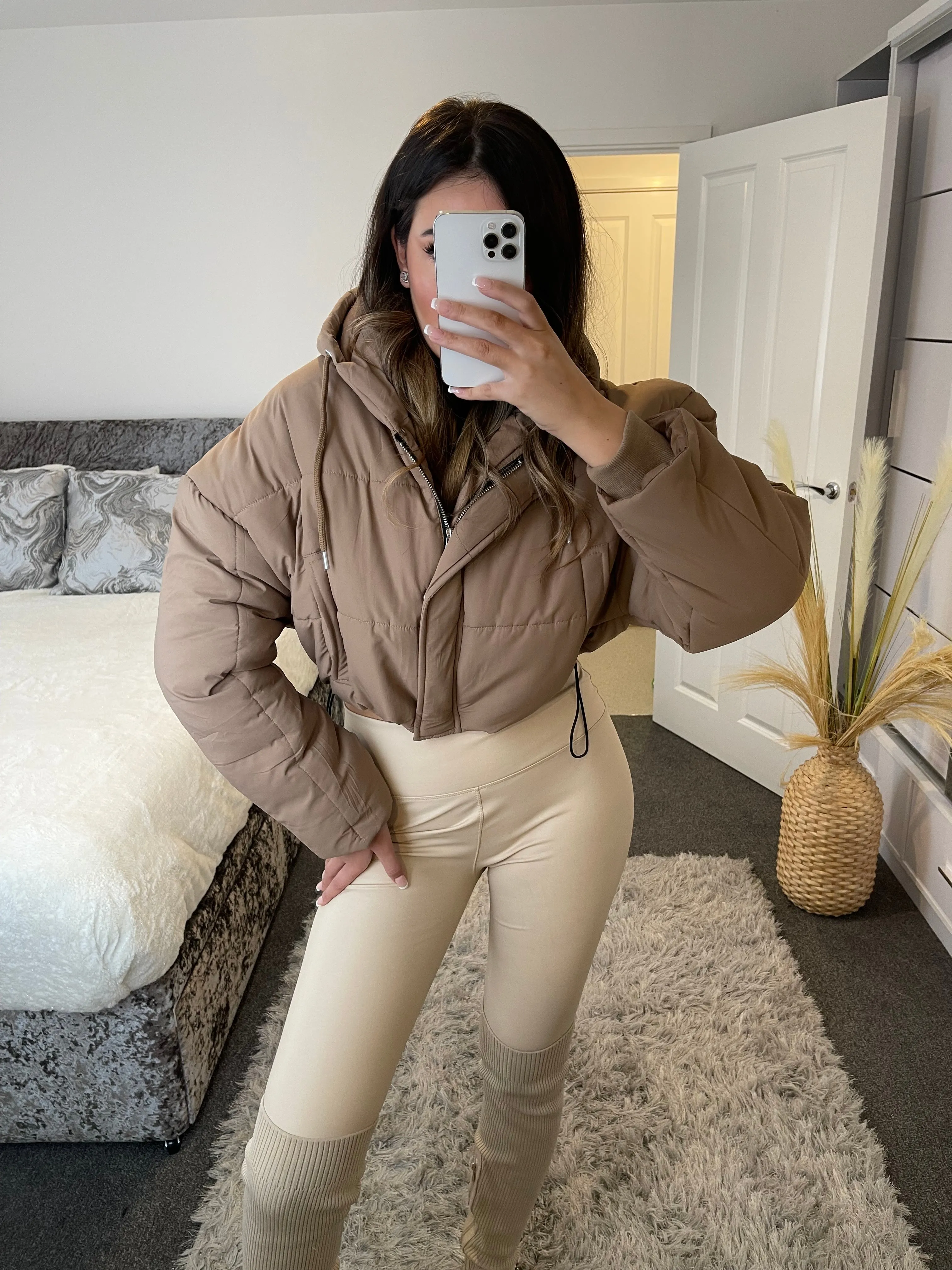 Frea Camel Cropped Hooded Puffer Jacket
