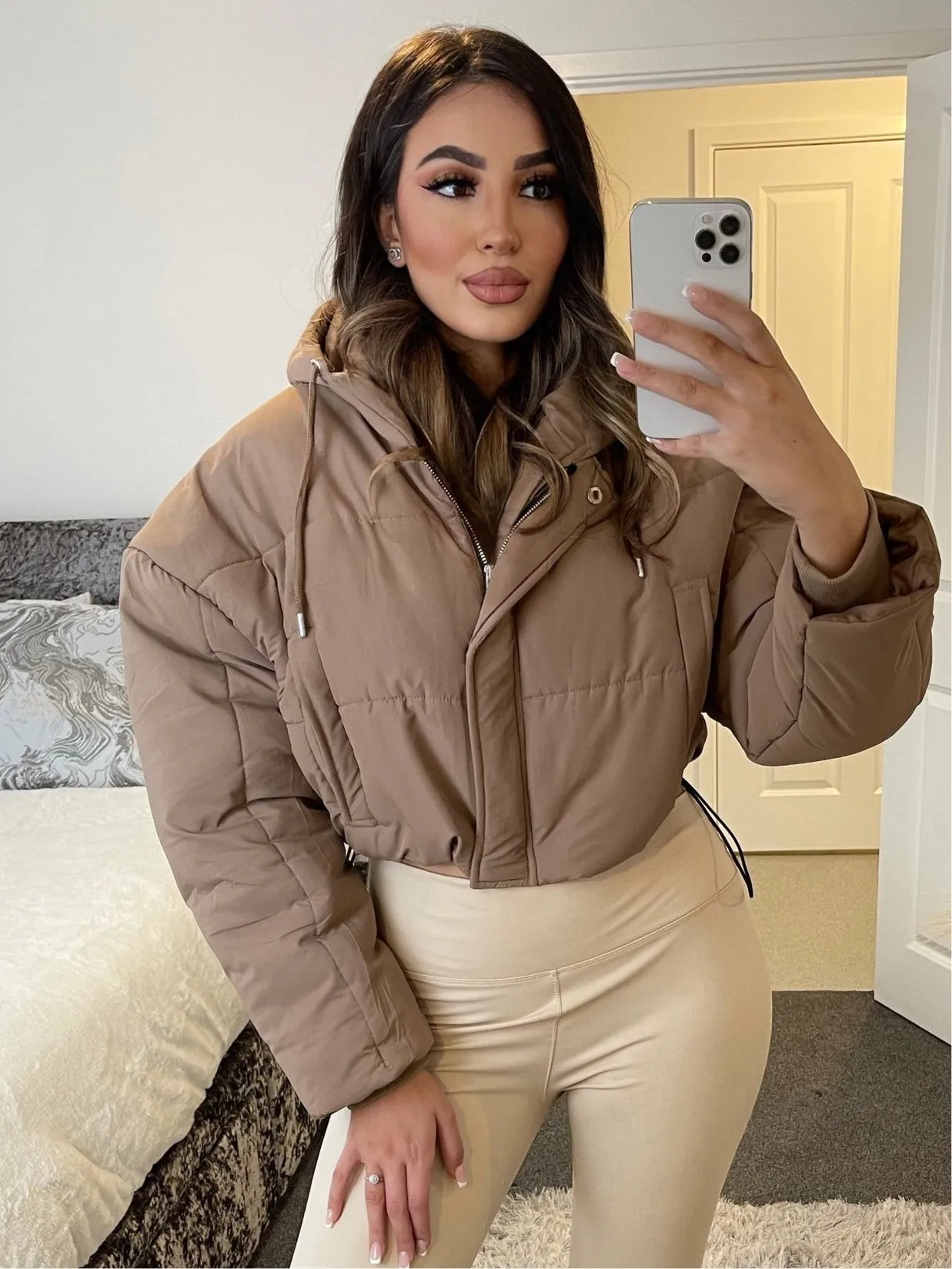 Frea Camel Cropped Hooded Puffer Jacket