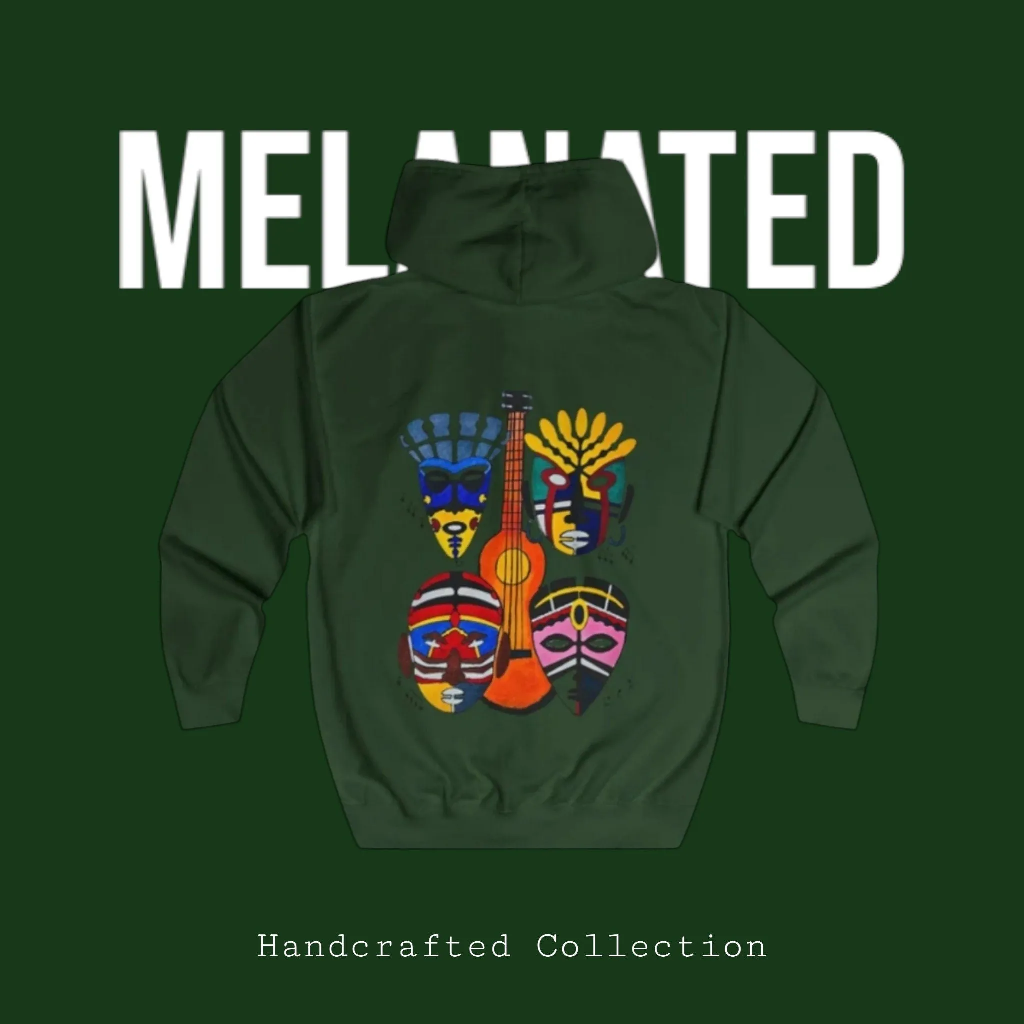 Handcrafted Afro Music Inspired Full Zip Hoodie, Guitar Art Design, Unisex Hooded Sweatshirt