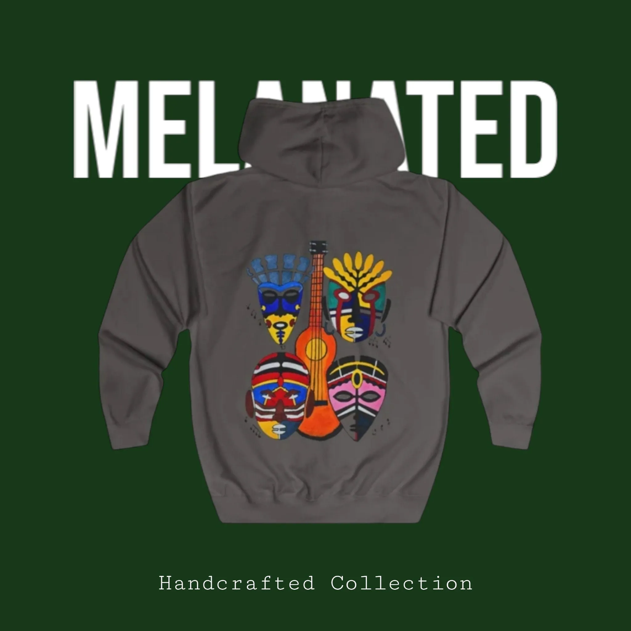 Handcrafted Afro Music Inspired Full Zip Hoodie, Guitar Art Design, Unisex Hooded Sweatshirt