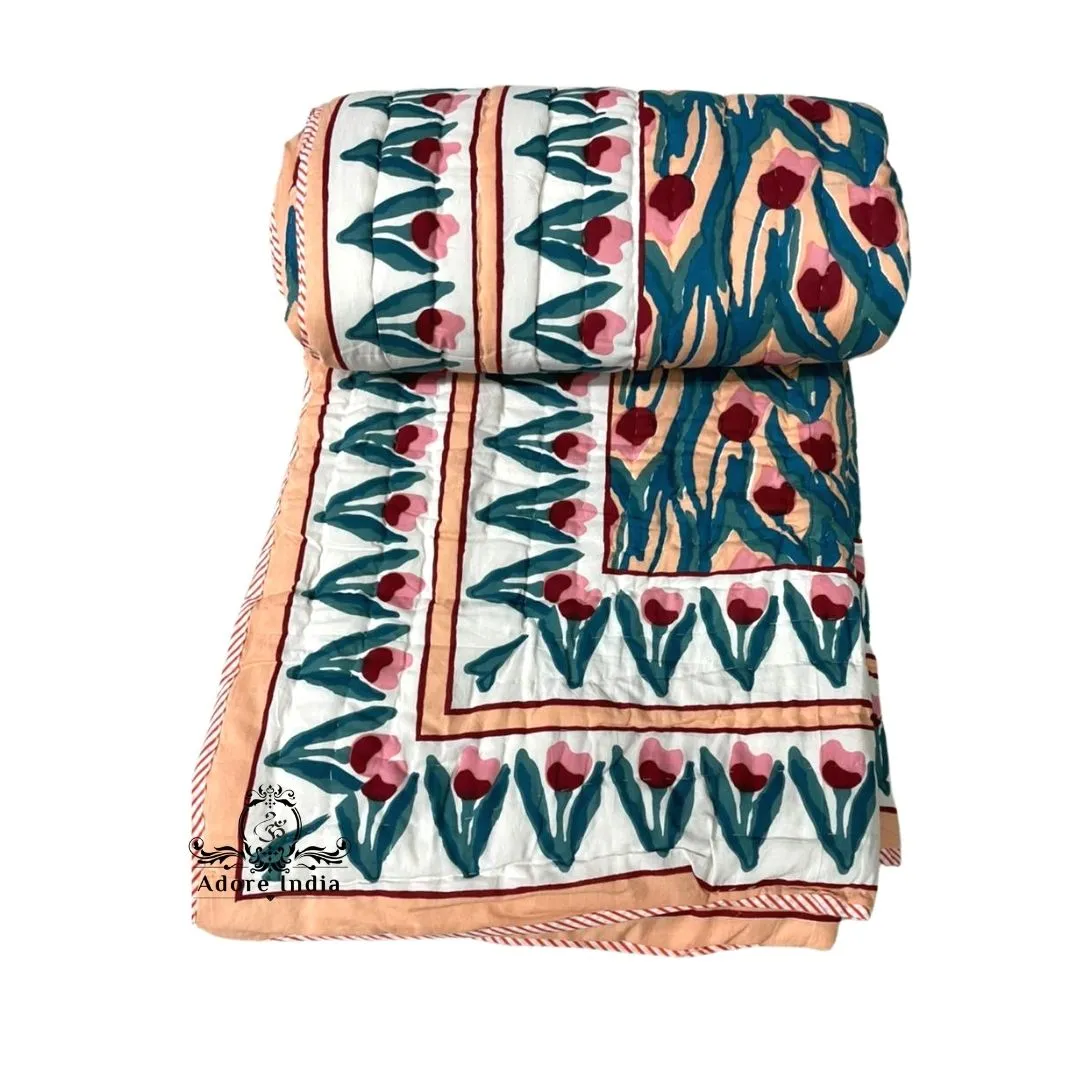 Handy Peach Floral Cotton Padded Kantha Bedspread Quilt Comforter