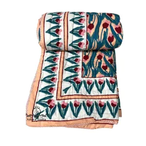 Handy Peach Floral Cotton Padded Kantha Bedspread Quilt Comforter
