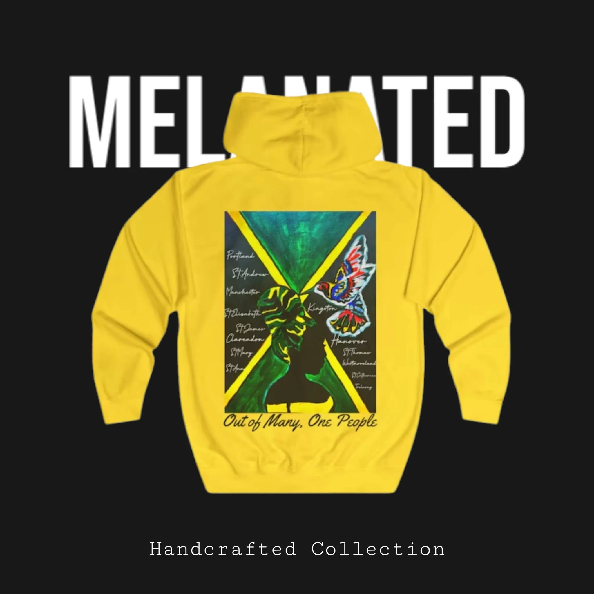 Illustrated Jamaican Woman Ethnic Streetwear Full Zip Hoodie, Jamaican Flag Colors