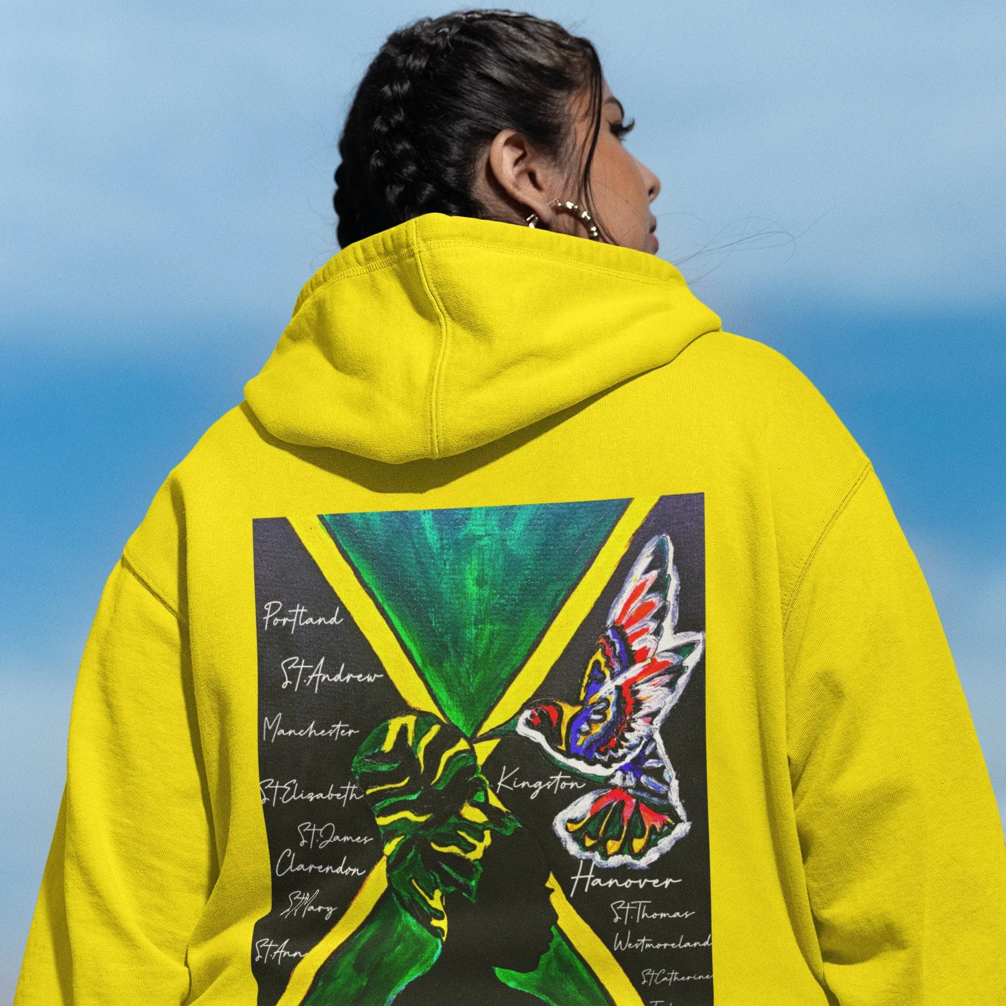 Illustrated Jamaican Woman Ethnic Streetwear Full Zip Hoodie, Jamaican Flag Colors