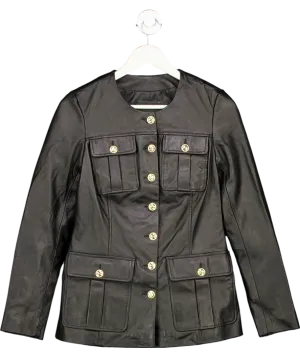 Karen Millen Black Leather Military Button Through Tailored Collarless Jacket UK 6