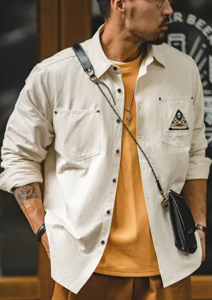 Maden Men Tooling 100% Cotton Indian Totem Shirt Japan Retro Sleeve Patchwork Pocket Turn-down Collar Single-breasted Clothing