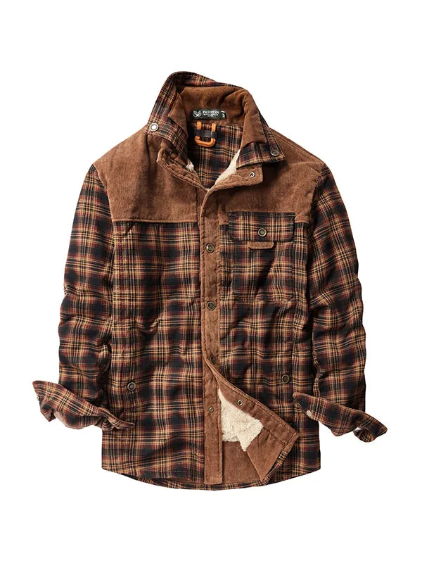 Men's Corduroy Thickened Plus Velvet Plaid Shirt And Cotton Jacket