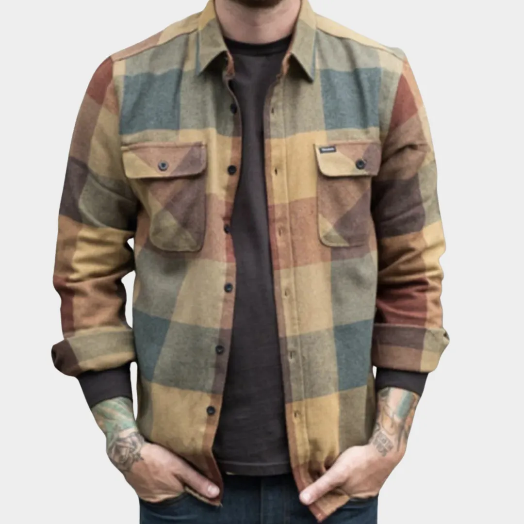 Mens Plaid Shirt Jacket  Long Sleeve  Button-Down  Soft Flannel  Casual Outerwear  Brown