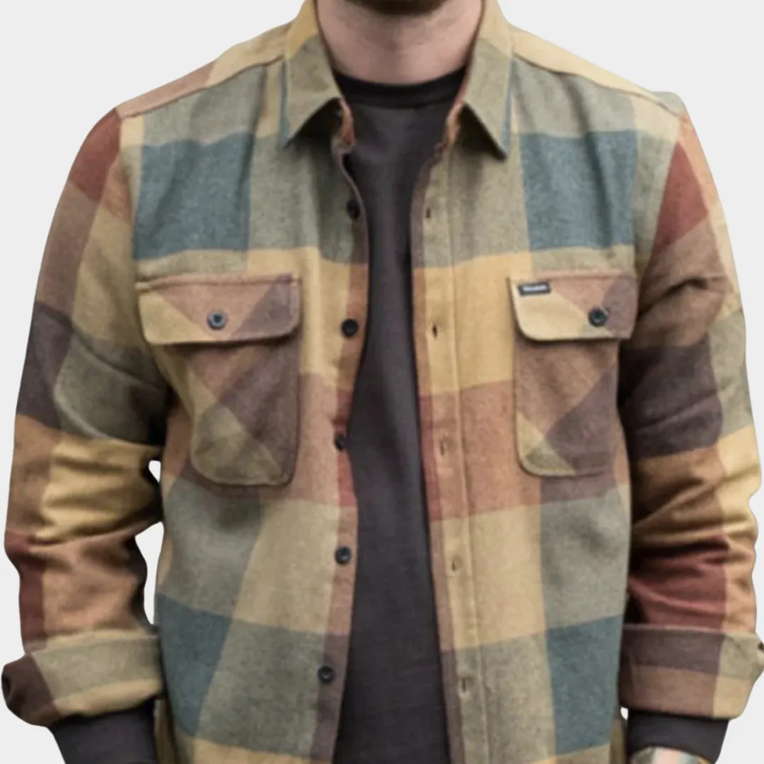 Mens Plaid Shirt Jacket  Long Sleeve  Button-Down  Soft Flannel  Casual Outerwear  Brown