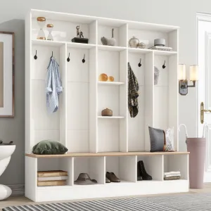 modern Adjustable Shleves 8 Hooks Coat Rack Shoe Cabinet Storage Bench Hall Tree