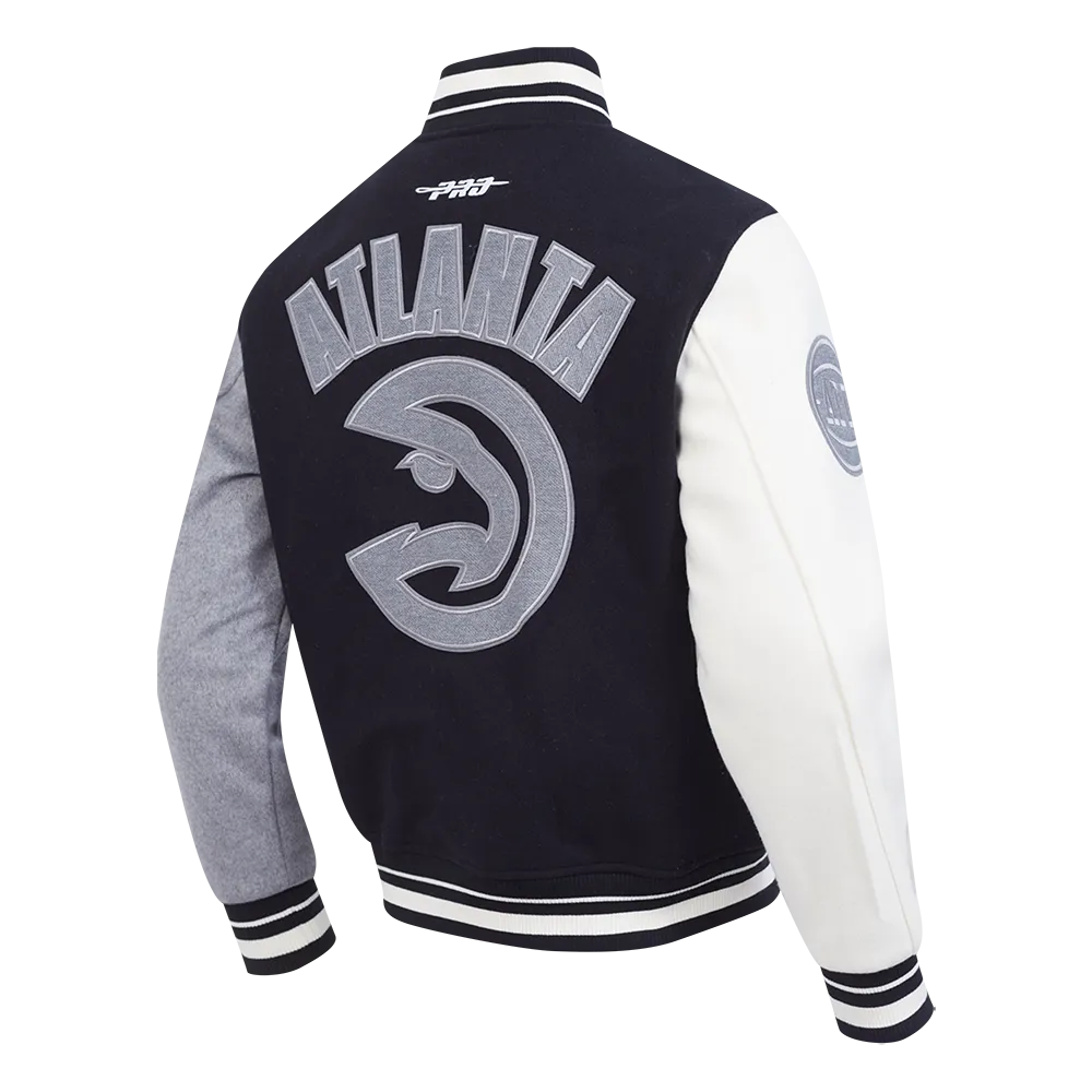 NBA ATLANTA HAWKS REVERSE FRENCH TERRY MEN'S COLOR BLOCK WOOL VARSITY JACKET (BLACK/GRAY/EGGSHELL)