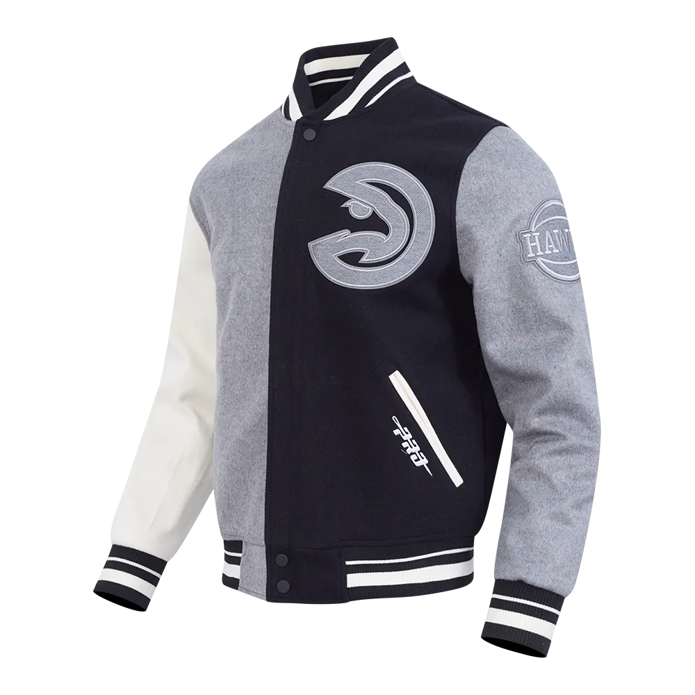 NBA ATLANTA HAWKS REVERSE FRENCH TERRY MEN'S COLOR BLOCK WOOL VARSITY JACKET (BLACK/GRAY/EGGSHELL)