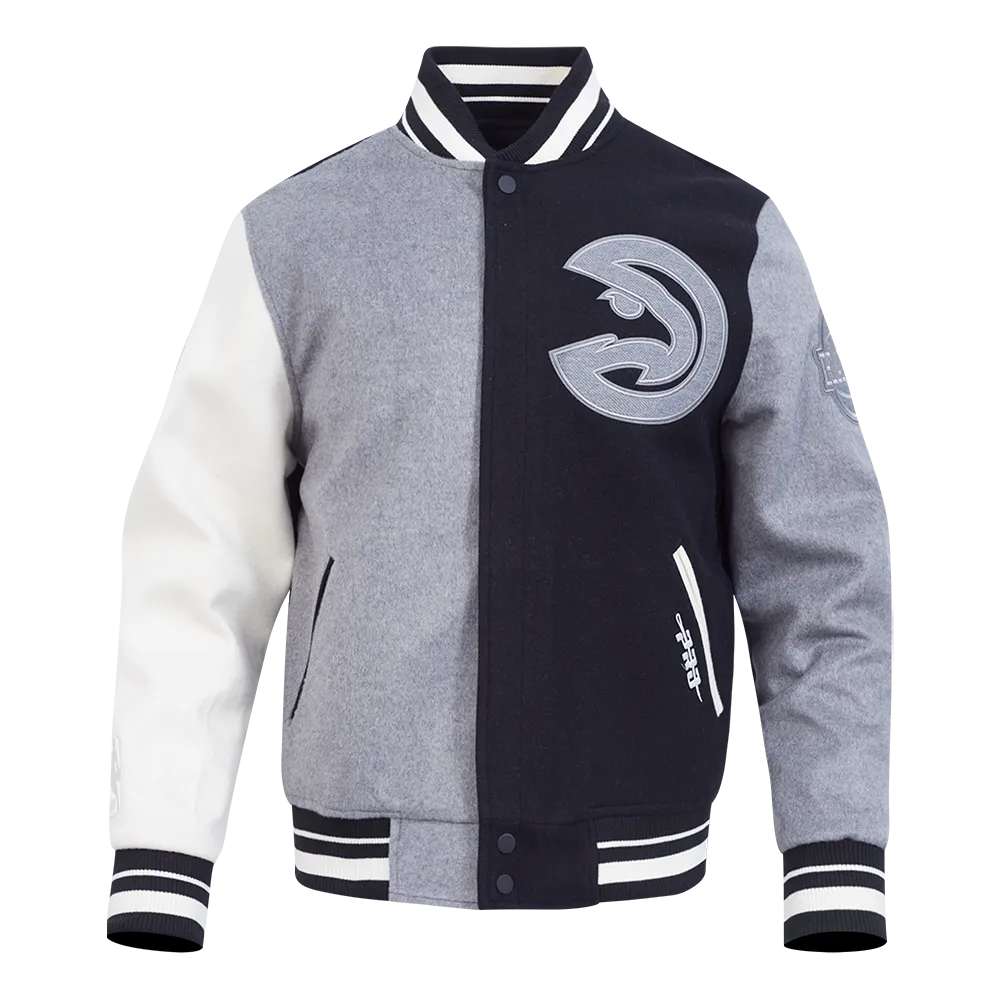 NBA ATLANTA HAWKS REVERSE FRENCH TERRY MEN'S COLOR BLOCK WOOL VARSITY JACKET (BLACK/GRAY/EGGSHELL)