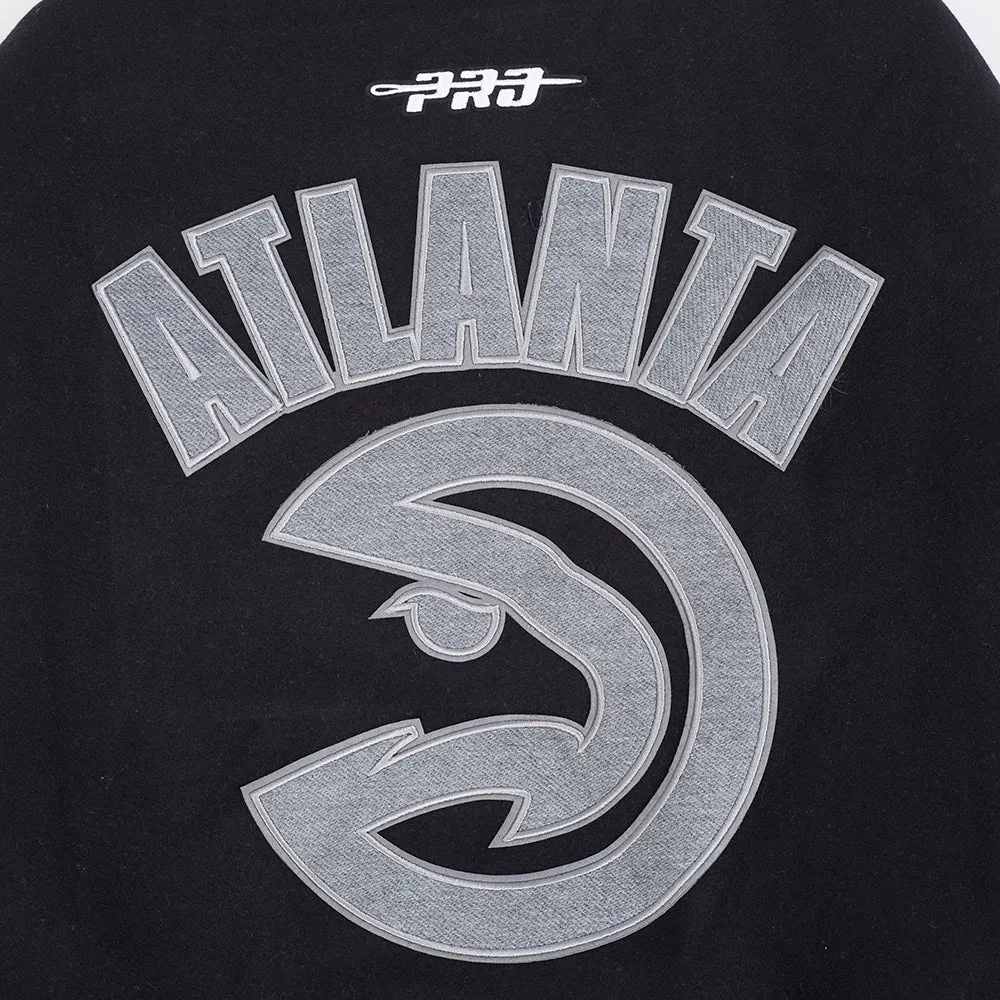 NBA ATLANTA HAWKS REVERSE FRENCH TERRY MEN'S COLOR BLOCK WOOL VARSITY JACKET (BLACK/GRAY/EGGSHELL)