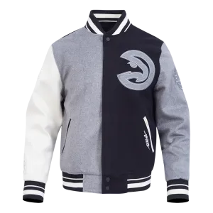NBA ATLANTA HAWKS REVERSE FRENCH TERRY MEN'S COLOR BLOCK WOOL VARSITY JACKET (BLACK/GRAY/EGGSHELL)