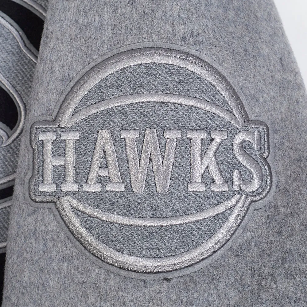 NBA ATLANTA HAWKS REVERSE FRENCH TERRY MEN'S COLOR BLOCK WOOL VARSITY JACKET (BLACK/GRAY/EGGSHELL)