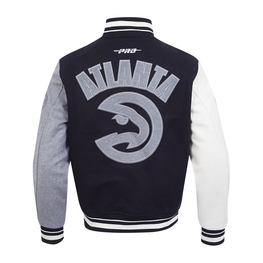 NBA ATLANTA HAWKS REVERSE FRENCH TERRY MEN'S COLOR BLOCK WOOL VARSITY JACKET (BLACK/GRAY/EGGSHELL)