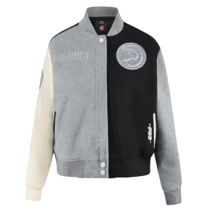 NBA ATLANTA HAWKS REVERSE FRENCH TERRY WOMEN'S WOOL VARSITY JACKET (BLACK/GRAY/EGGSHELL)
