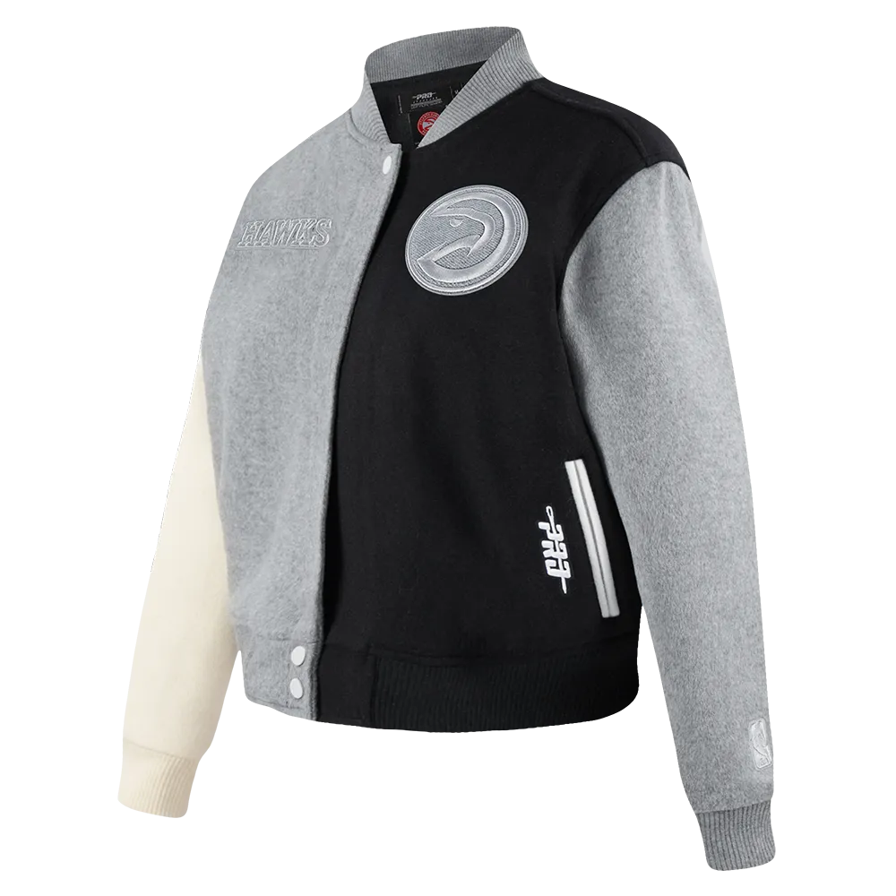 NBA ATLANTA HAWKS REVERSE FRENCH TERRY WOMEN'S WOOL VARSITY JACKET (BLACK/GRAY/EGGSHELL)