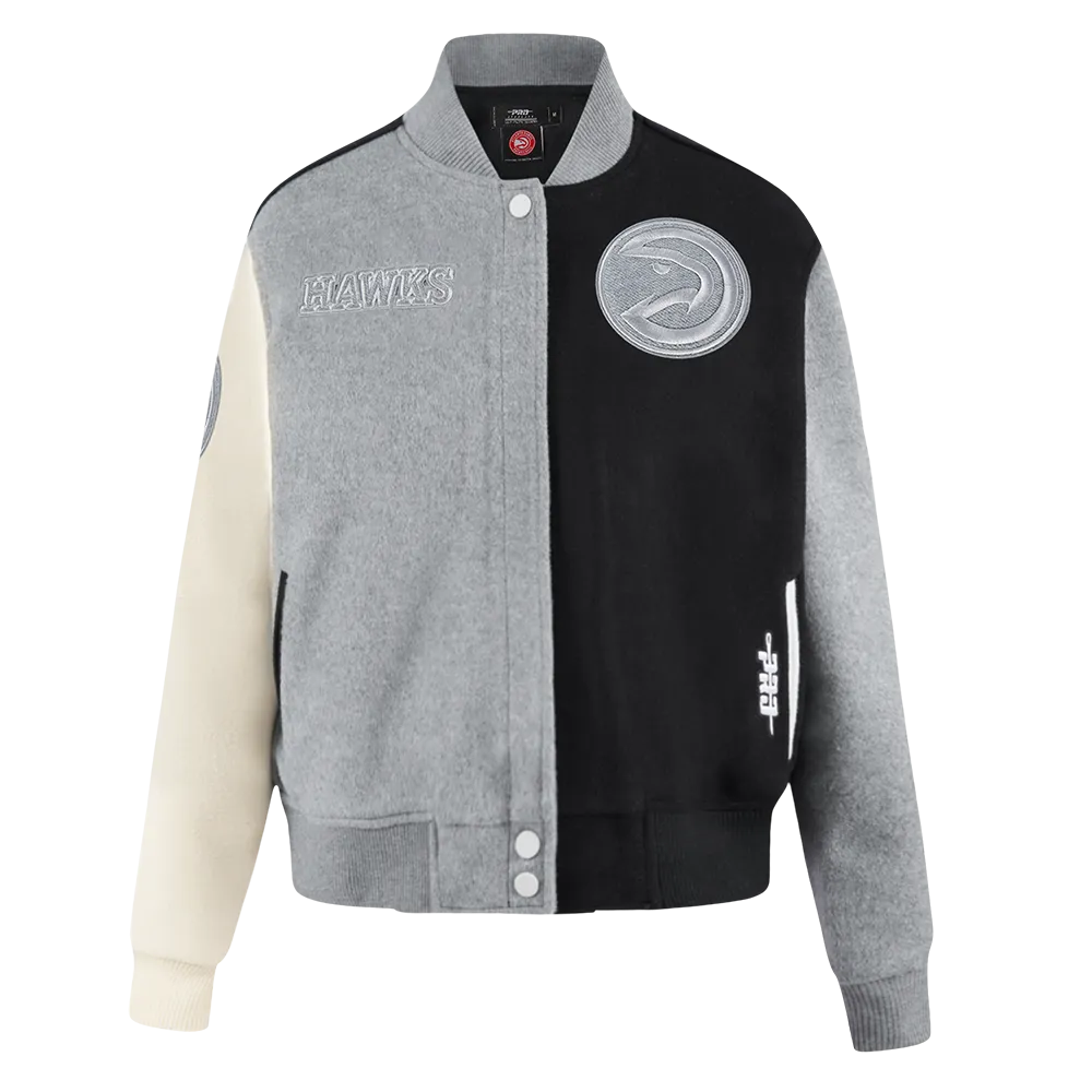 NBA ATLANTA HAWKS REVERSE FRENCH TERRY WOMEN'S WOOL VARSITY JACKET (BLACK/GRAY/EGGSHELL)