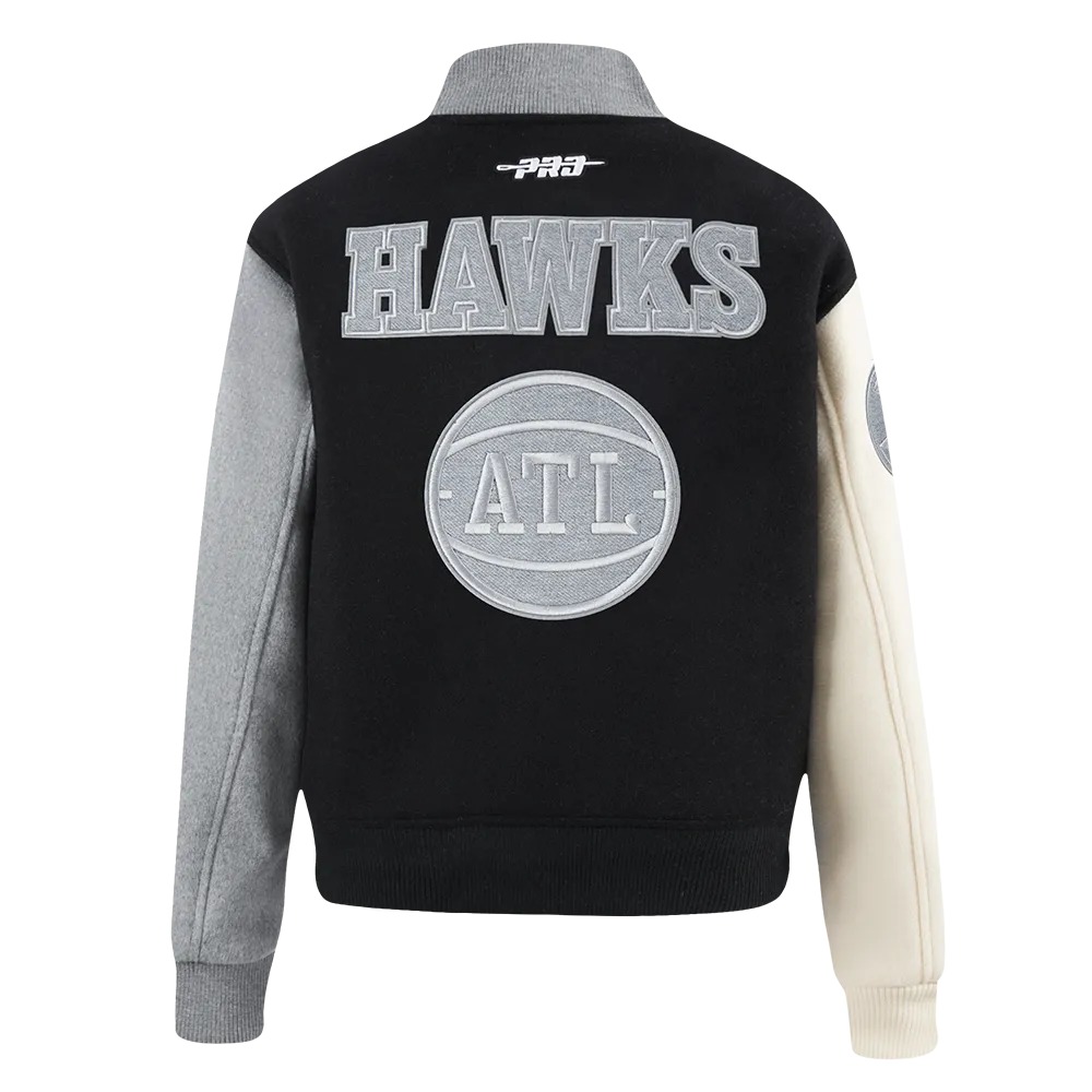 NBA ATLANTA HAWKS REVERSE FRENCH TERRY WOMEN'S WOOL VARSITY JACKET (BLACK/GRAY/EGGSHELL)