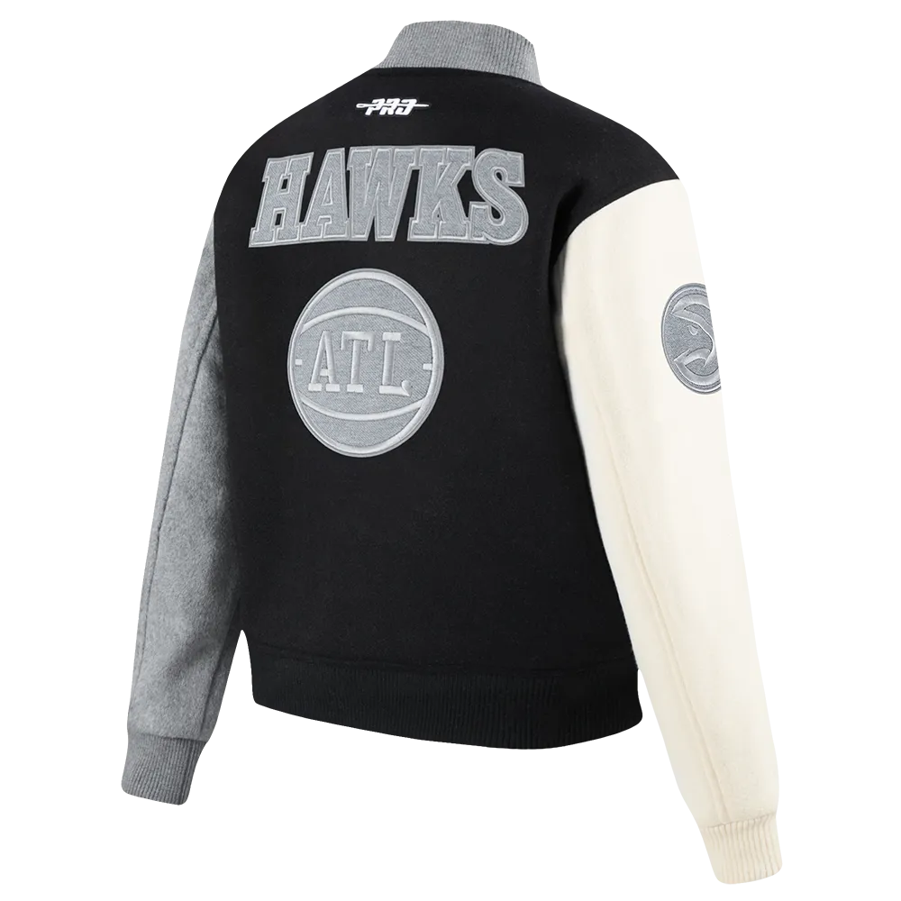 NBA ATLANTA HAWKS REVERSE FRENCH TERRY WOMEN'S WOOL VARSITY JACKET (BLACK/GRAY/EGGSHELL)