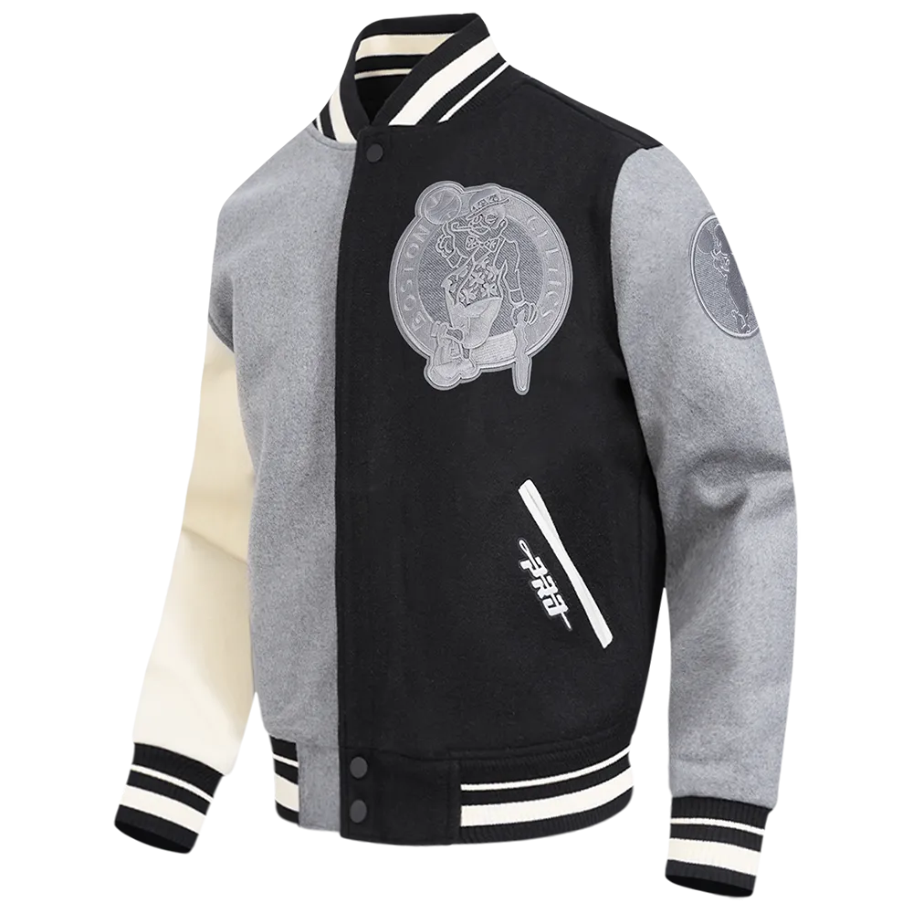 NBA BOSTON CELTICS REVERSE FRENCH TERRY MEN'S COLOR BLOCK WOOL VARSITY JACKET (BLACK/GRAY/EGGSHELL)