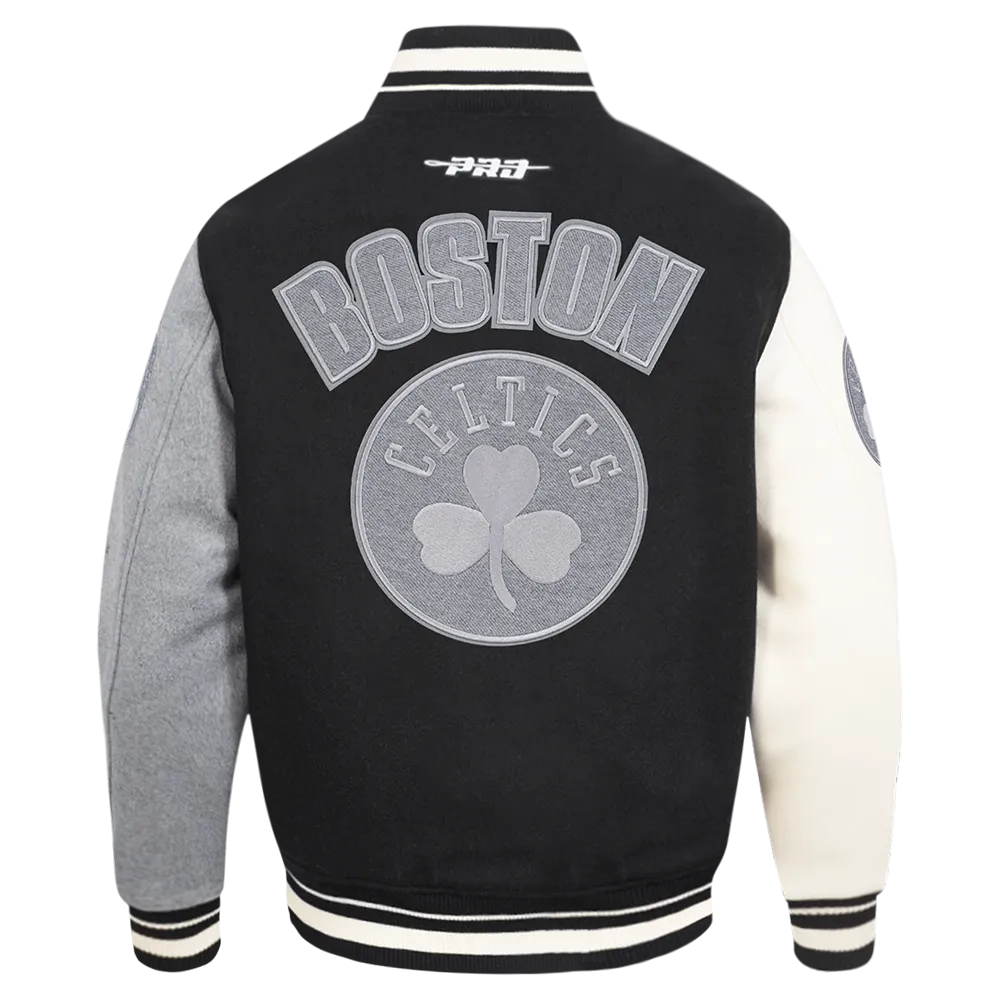 NBA BOSTON CELTICS REVERSE FRENCH TERRY MEN'S COLOR BLOCK WOOL VARSITY JACKET (BLACK/GRAY/EGGSHELL)