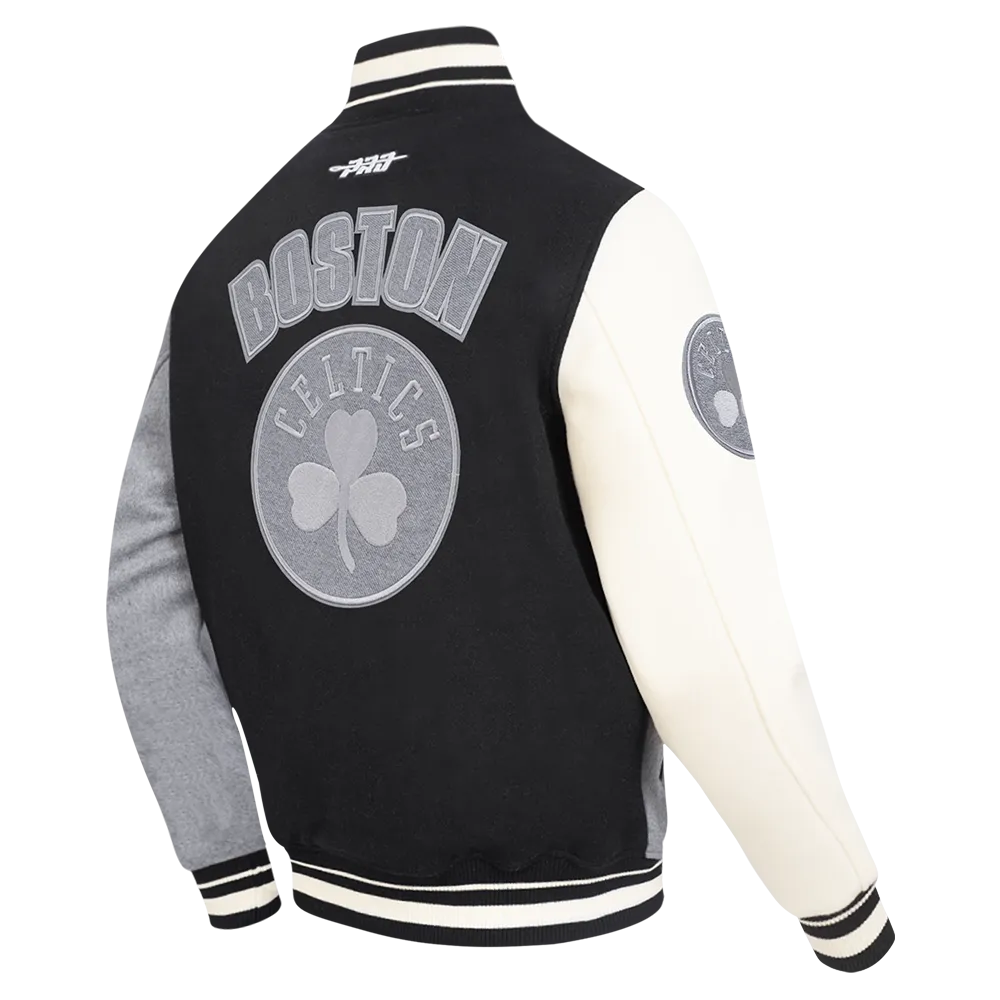 NBA BOSTON CELTICS REVERSE FRENCH TERRY MEN'S COLOR BLOCK WOOL VARSITY JACKET (BLACK/GRAY/EGGSHELL)