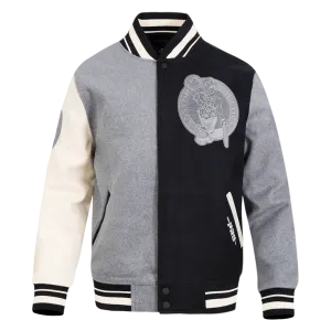 NBA BOSTON CELTICS REVERSE FRENCH TERRY MEN'S COLOR BLOCK WOOL VARSITY JACKET (BLACK/GRAY/EGGSHELL)