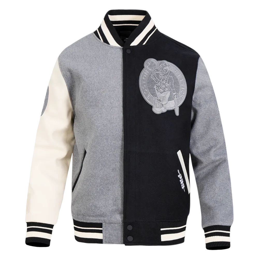 NBA BOSTON CELTICS REVERSE FRENCH TERRY MEN'S COLOR BLOCK WOOL VARSITY JACKET (BLACK/GRAY/EGGSHELL)