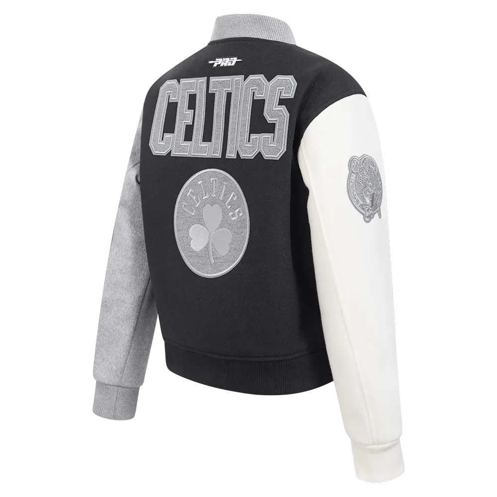 NBA BOSTON CELTICS REVERSE FRENCH TERRY WOMEN'S WOOL VARSITY JACKET (BLACK/GRAY/EGGSHELL)