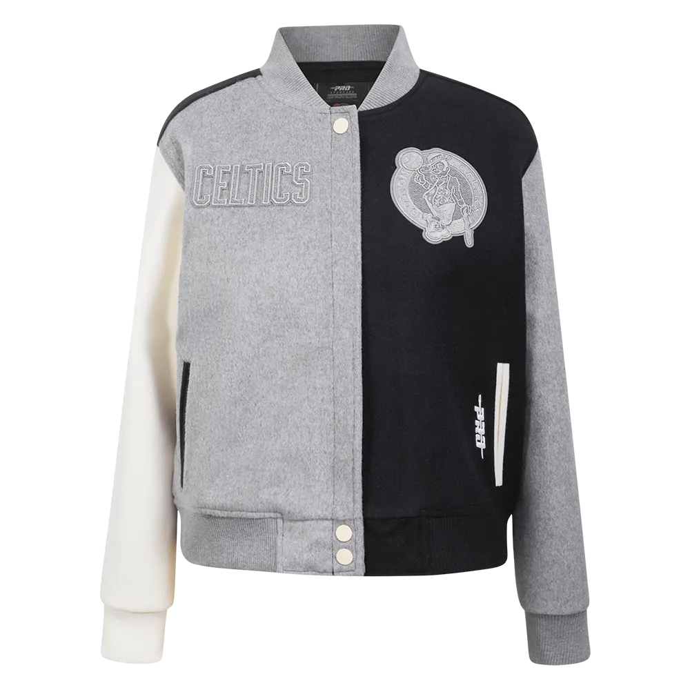 NBA BOSTON CELTICS REVERSE FRENCH TERRY WOMEN'S WOOL VARSITY JACKET (BLACK/GRAY/EGGSHELL)