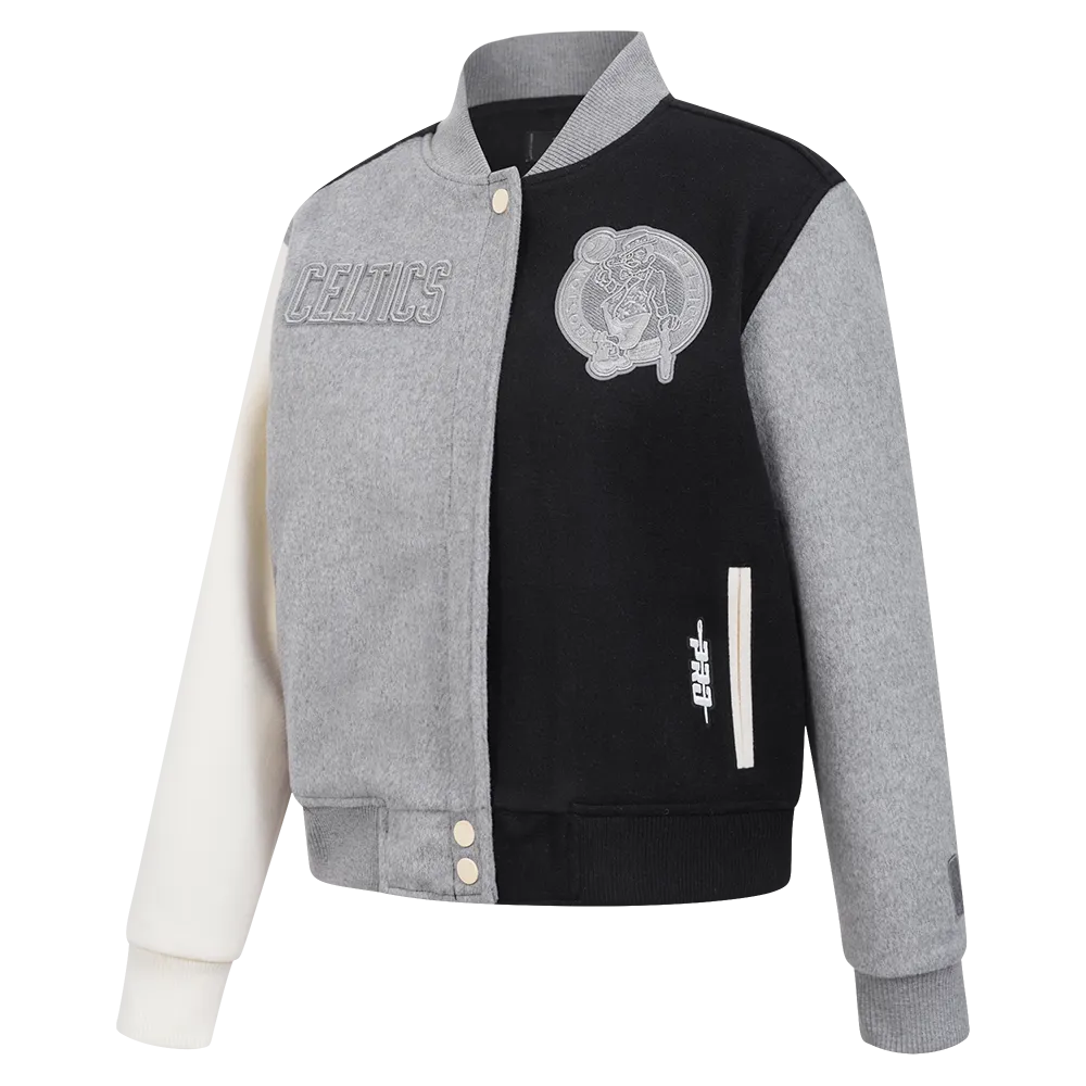 NBA BOSTON CELTICS REVERSE FRENCH TERRY WOMEN'S WOOL VARSITY JACKET (BLACK/GRAY/EGGSHELL)