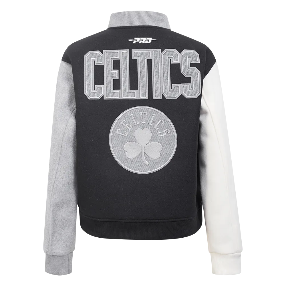 NBA BOSTON CELTICS REVERSE FRENCH TERRY WOMEN'S WOOL VARSITY JACKET (BLACK/GRAY/EGGSHELL)