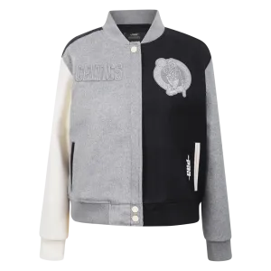 NBA BOSTON CELTICS REVERSE FRENCH TERRY WOMEN'S WOOL VARSITY JACKET (BLACK/GRAY/EGGSHELL)