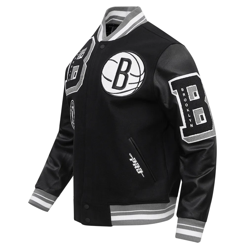 NBA BROOKLYN NETS MASHUP MEN'S RIB WOOL VARSITY JACKET (BLACK/GRAY)