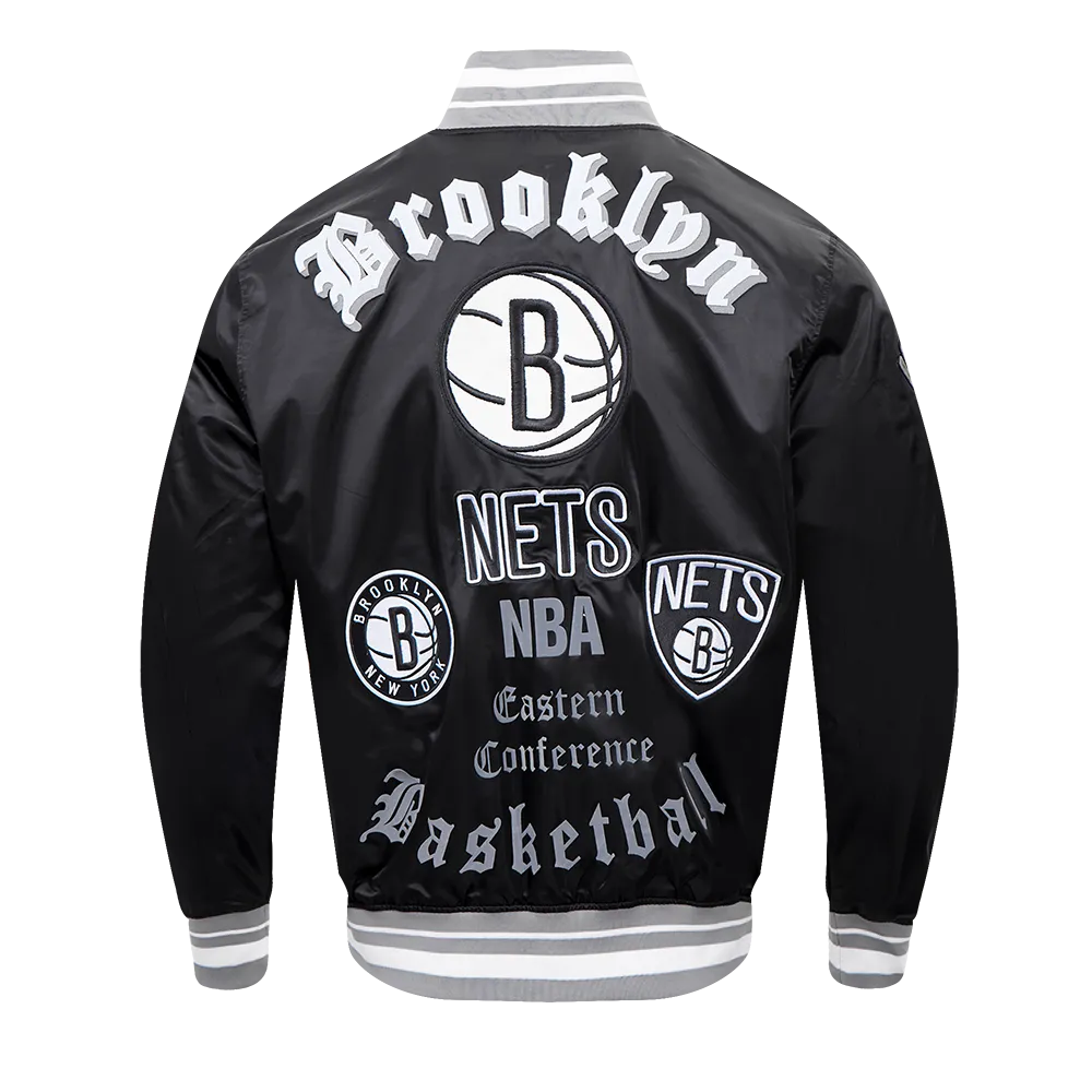 NBA BROOKLYN NETS OLD ENGLISH MEN'S RIB SATIN JACKET (BLACK/GRAY)