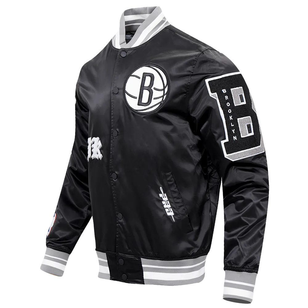 NBA BROOKLYN NETS OLD ENGLISH MEN'S RIB SATIN JACKET (BLACK/GRAY)
