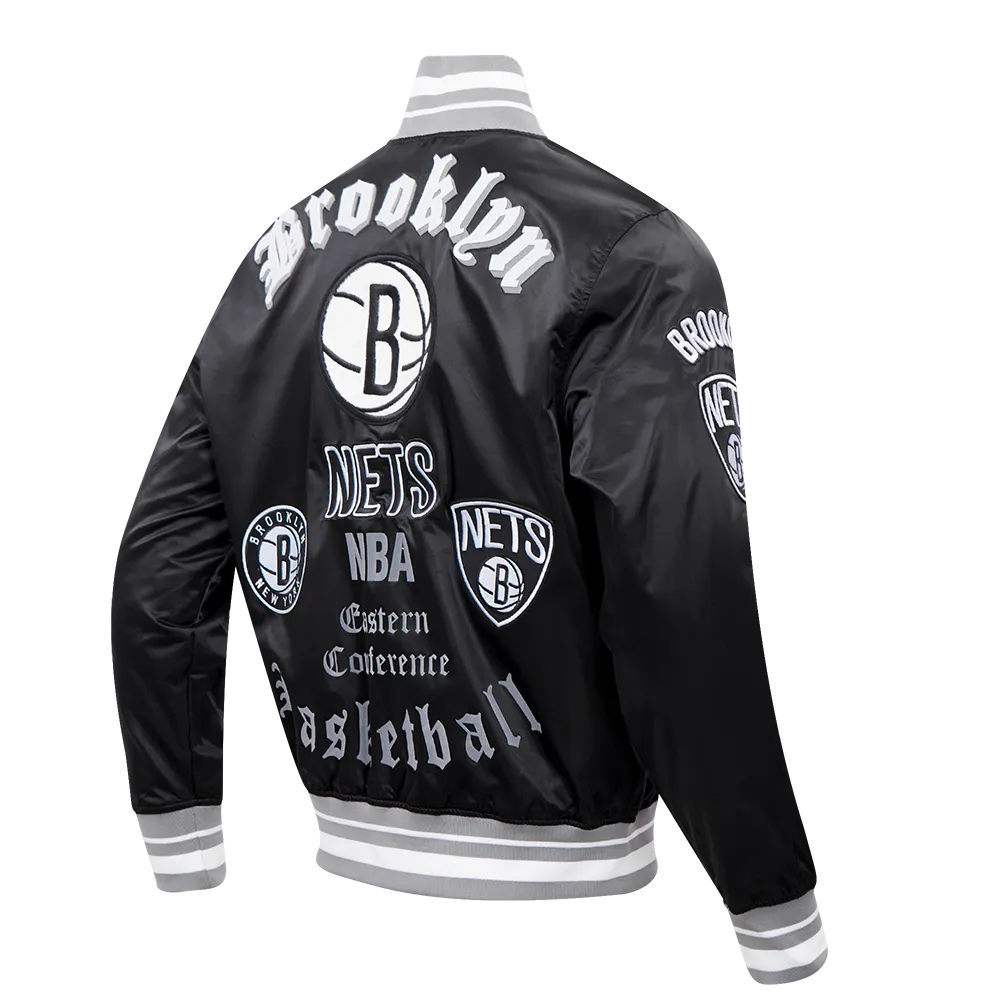 NBA BROOKLYN NETS OLD ENGLISH MEN'S RIB SATIN JACKET (BLACK/GRAY)