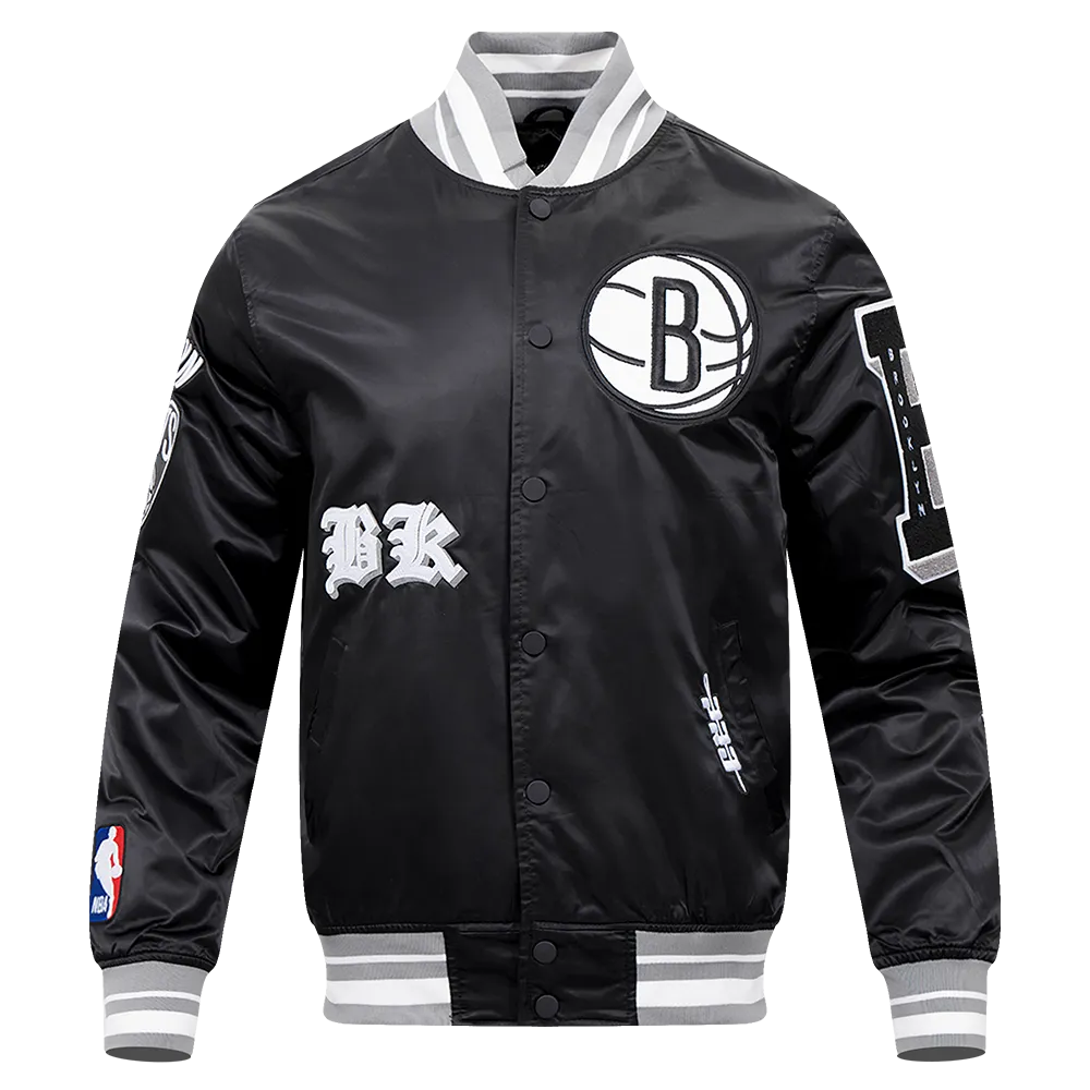 NBA BROOKLYN NETS OLD ENGLISH MEN'S RIB SATIN JACKET (BLACK/GRAY)