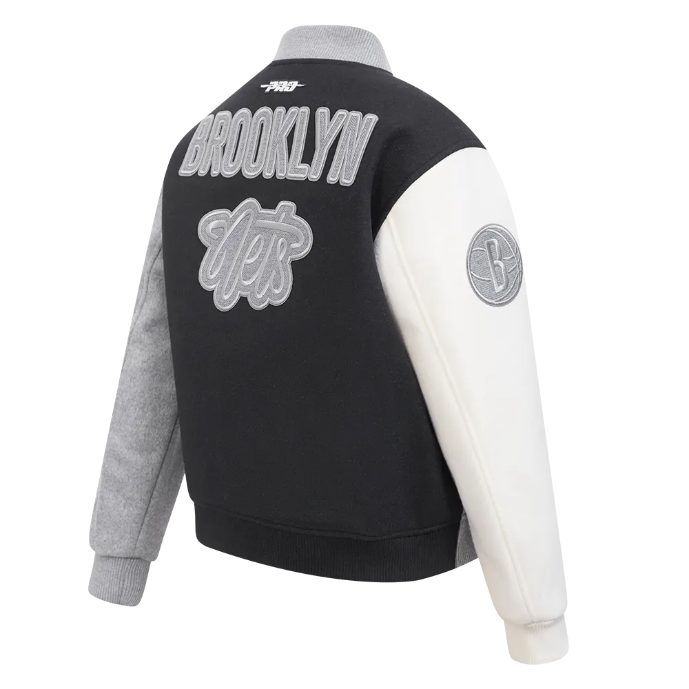NBA BROOKLYN NETS REVERSE FRENCH TERRY WOMEN'S WOOL VARSITY JACKET (BLACK/GRAY/EGGSHELL)